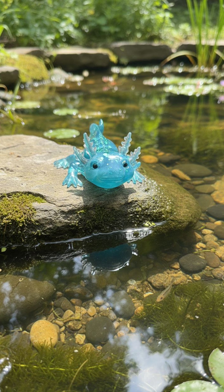 Könnte beinhalten: Eine durchscheinende blaue Axolotl-Figur liegt auf einem moosigen Felsen in einem Teich. Der Wassersalamander hat federartige Kiemen und einen lächelnden Gesichtsausdruck. Das Wasser spiegelt den Axolotl und das umliegende Grün wider.